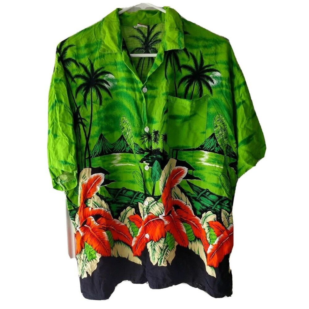 Caribbean Surf Hawaiian Mens Sz Large Sleeve Beach Palm Tree Flowers Button Down